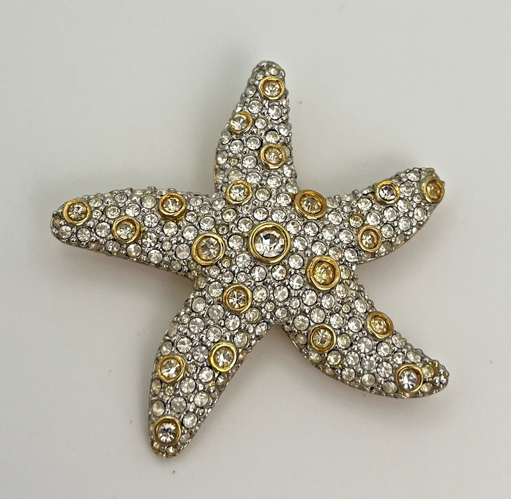 Swarovski Crystal Starfish Brooch Pin Gold Plated Faux Diamond Swan Vintage 90s
